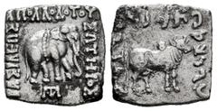 Greek Coins Kings of Bactria. Apollodotos I Soter. Drachm. 180-160 BC. (Bopearachchi-4F). (Sng Ans-328/336). (Hgc-12, 119). Anv.: ΒΑΣΙΛΕΩΣ ΑΠΟΛΛΟΔΟΤΟΥ ΣΩΤΗΡΟΣ. Elephant standing right; monogram below.