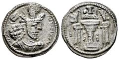 Greek Coins Sassanid Empire. Shapur II. Drachm. 309-379 AD. Uncertain mint. (Göbl-Type Ia-6a). Anv.: Bust right, wearing mural crown with korymbos and inner ribbon . Rev.: Fire altar with ribbon and b