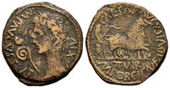 Celtiberian Coins Caesaraugusta. Augustus period. Unit. 27 BC - 14 AD. Zaragoza. (Abh-324). (Acip-3038). Anv.: IMP. AVGVSTVS. XIV. Laureate head of Augustus left, lituus and simpulum before. Rev.: Pai