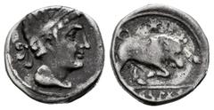 Celtiberian Coins Arse-Saguntum. Drachm. 300-200 BC. Sagunto (Valencia). (Abh-2034). Anv.: Laureate head of Hercules right, club behind. Rev.: Bull charging right, star above, iberian legend ARSKITAR 
