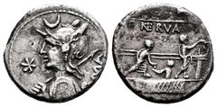 Roman Republican Licinius. P. Licinius Nerva. Denarius. 113-112 BC. Uncertain mint. (Ffc-802). (Craw-292/1). (Cal-888). Anv.: Diademed head of Roma left, holding spear and shield, X before, crescent a