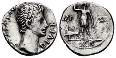 Roman Imperatorial Augustus. Denarius. 11-10 BC. Lugdunum. (Ffc-129). (Ric-183). (Cal-832). Anv.: AVGVSTVS DIVI. F , bare head of Augustus right. Rev.: IMP. - XII. SICILI, Diana Venatrix standing towa