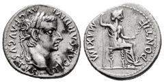 Roman Imperial Tiberius. Denarius. 14 - 37 AD. Lugdunum. (Spink-1763). (Ric-26). (Seaby-16). Rev.: PONTIF MAXIM. Livia seated to the right with sceptre and branch. Ag. 3,69 g. Almost XF. Est...400,00.