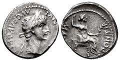 Roman Imperial Tiberius. Denarius. 14-33 AD. Lugdunum. (Spink-1763). (Ric-26). (Seaby-16). Rev.: PONTIF MAXIM. Livia seated to the right with sceptre and branch. Ag. 3,64 g. Almost VF. Est...150,00. S