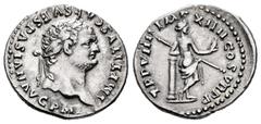 Roman Imperial Titus. Denarius. 79 AD. Rome. (Ric-34). (C-268). (Bmc-9). Anv.: IMP TITVS CAES VESPASIAN AVG P M, Laureate head right. Rev.: TR P VII[II I]MP XIIII COS VII P P, Venus, nude to waist, st