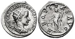 Roman Imperial Gordian III. Antoninianus. 239 AD. Rome. (Spink-8600). (Ric-34). (Seaby-17). Rev.: AEQVITAS AVG. Aequitas standing left with scales and cornucopiae. Ag. 5,13 g. Almost XF. Est...50,00. 