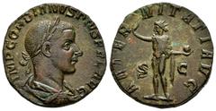 Roman Imperial Gordian III. Sestertius. 240 AD. Rome. (Ric-297a). Anv.: IMP GORDIANVS PIVS FEL AVG. Laureate, draped and cuirassed bust right. Rev.: AETERNITATI AVG. Sol standing left, raising hand an