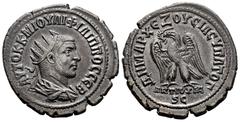 Roman Imperial Philip I. Seleucis and Pieria. Tetradrachm. 248 AD. Antioch. (Prieur-373). Anv.: AYTOK K MIOYΛI ΦIΛIΠΠOC CEB, radiate, draped and cuirassed bust right. Rev.: ΔHMAPX ΕΞOYCIAC YΠATOΓ, eag