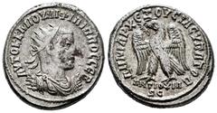 Roman Imperial Philip I. Tetradrachm. 247-249 AD. Antioch. (Prieur-415). Anv.: AYTOK K M IOYL FILIPPOY CEB, radiate, draped, and cuirassed bust right. Rev.: DHMAPX EXOYCIAC VPATO G, eagle standing, he