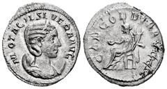 Roman Imperial Otacilia Severa. Antoninianus. 246-248 AD. Rome. (Ric-125c). (Rsc-4). Rev.: CONCORDIA AVGG, Concordia seated to left, holding patera and double cornucopiae. Ag. 3,83 g. Almost XF/VF. Es