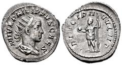 Roman Imperial Philip II. Antoninianus. 244-246 AD. Rome. (Ric-218d). (Rsc-48). Anv.: M IVL PHILPPVS CAES, radiate, draped and cuirassed bust right. Rev.: PRINCIPI IVVENT, Philip II, in military attir