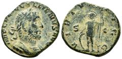 Roman Imperial Gallienus. Sestertius. 254 AD. Rome. (Spink-no cit). (Ric-248). Rev.: VIRTV(S AV)GG. Standing facing, head to left, holding spear and shield set on ground, S-C across fields. Ae. 15,11 