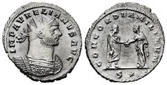 Roman Imperial Aurelian. Antoninianus. 272-274 AD. Siscia. (Ric-216). (Ch-59). Anv.: IMP C AVRELIANVS AVG. Busto radiado a derecha. Rev.: CONCORDIA MILITVM / S✱. Aureliano, a la izquierda, de pie a la