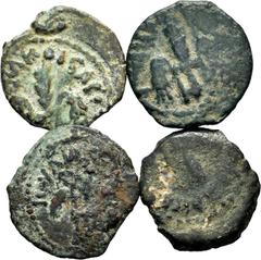Large Lots Lot of 4 coins of Judaea. Prutah minted by Pontius Pilate under Tiberius. Ae. TO EXAMINE. Almost F/Choice F. Est...120,00. SPANISH DESCRIPTION: Lote de 4 monedas de Judaea. Prutah acuñados 