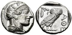 Greek Coins Attica. Tetradrachm. 454-404 BC. Athens. (Gc-2526). (Sng Cop-31). Anv.: Head of Athena right, wearing crested Attic helmet ornamented with three olive leaves above visor and spiral palmett