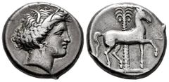 Greek Coins Sicily. Entella. Tetradrachm. 345/38-320/15 BC. (Jenkins-Punic Series 2a). (Hgc-2, 270). Anv.: Head of Kore right, wearing wreath of grain ears, triple-pendant earring, and pearl necklace.