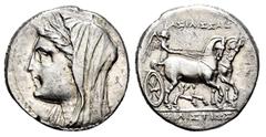 Greek Coins Sicily. Syracuse. 5 litrae. 269-215 BC. (Sng Cop-828). (Sng Ans-889-890). Anv.: Veiled head of Philistis left. Rev.: Nike driving slow biga right; in right field, K. Ag. 4,36 g. Rare. From