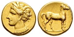 Greek Coins Carthaginian coinage in Sicily. Stater. 350-320 BC. Carthage. (Jenkins-Lewis-Grupo VI -). Anv.: Head of Tanit to left, wearing grain wreath, triple-pendant earring and pendant necklace. Re
