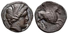 Celtiberian Coins Emporiton. Drachm. Century III-II BC. Cataluña. (Abh-1138). (Acip-289, same dies). Anv.: Female head right, three dolphins around. Rev.: Pegasus, with Chrysaor head right, and greek 