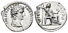 Roman Imperial Tiberius. Denarius. 14-37 AD. Lugdunum. (Ric-26). (Rsc-16). Anv.: TI CAESAR DIVI AVG F AVGVSTVS, laureate head to right. Rev.: PONTIF MAXIM, female figure seated to right, holding long 