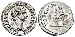 Roman Imperial Trajan. Denarius. 98-117 AD. Rome. (Rsc-595a). Anv.: IMP NERVA CAES TRAIAN AVG GERM P M, laureate head right. Rev.: TR P COS II P P, Abundantia seated left on chair with cornucopiae as 