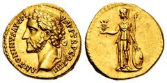 Roman Imperial Antoninus Pius. Aureus. 145-161 AD. Rome. (Spink-4034). (Ric-158). (Cal-1460). Anv.: ANTONINVS AVG PIVS P P TR P COS IIII. Laureate bust right. Rev.: No legend. Minerva with Victory and