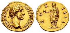 Roman Imperial Antoninus Pius. Aureus. 152-153 AD. Rome. (Ric-226). (Cal-1521). (Bmc-796). Anv.: ANTONINVS AVG PIVS P P TR P XVI. Laureate head of Antoninus Pius to right. Rev.: COS III. Togate empero