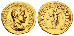 Roman Imperial Elagabalus. Aureus. 218-222 AD. Rome. (Ric-37). (Bmc-240). (Cal-3015). Anv.: IMP ANTONINVS PIVS SVG. Laureate and draped bust right. Rev.: P M TR P IIII COS III P P. Sun standing left, 