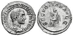 Roman Imperial Gordian I Africanus. Denarius. 238 AD. Rome. (Ric-5). (Bmc-11). (Ch-10). Anv.: IMP M ANT GORDIANVS AFR AVG. Lauretae bust right. Rev.: SECVRITAS AVGG. Securitas with sceptre, seated on 