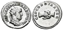 Roman Imperial Balbinus. Antoninianus. 238 AD. Rome. (Ric-10). (Bmcre-67). (Rsc-3). Anv.: IMP CAES D CAEL BALBINVS AVG. Radiate, draped and cuirassed bust right. Rev.: CONCORDIA AVGG. Clasped hands. A