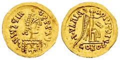 Visigothic Coins Pseudo-imperial coinage. In the name of Justinus I. Tremissis. 531-540 AD. (Tomasini-451). Anv.: DN IVϨVIN - VϨ P P AVG. Rev.: ·I· VAAIЯ - IVTↃIV. Au. 1,24 g. Very rare. XF. Est...100