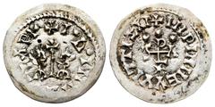 Visigothic Coins Egica and Witiza (698-702). Tremissis. Ispali (Sevilla). (R. Pliego-742n). (Cnv-566.16). Anv.: + I º A º MEGICAP+. Cruciform scepter flanked by half-length busts of Egica and Wittiza.