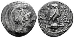 Greek Coins Attica. Athens. New Style Tetradrachm. 119-118 BC. Dionyisi, Dionysi and Aristai magistrates. (Thompson-559g). (Svoronos-pl. 52, 3). (Hgc-4, 1602). Anv.: Helmeted head of Athena Parthenos 