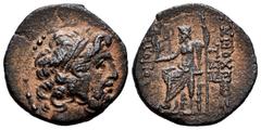 Greek Coins Seleucis and Pieria. Tetrachalkon. CY 10?=57/6 BC. Antioch. (McAlee-33). Anv.: Laureate head of Zeus right. Rev.: ANTIOXEΩN THZ MHTPOΠOΛEΩΣ, Zeus Nikephoros seated left, holding sceptre an