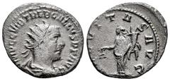 Roman Imperial Trebonianus Gallus. Antoninianus. 251 AD. Antioch. (Spink-9623). (Ric-80). (Seaby-6). Rev.: AEQVITAS AVG. Aequitas left holding scales and cornucopie. Ag. 3,29 g. Choice F/Almost VF. Es