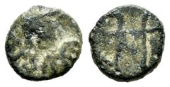 Visigothic Coins Nummus. Century VI. Emerita (Mérida). (Cru-Group C, Type 164/5). Anv.: Bust to right, around CIV (ITA). Rev.: Monogram formed by an M with ties at the ends. Ae. 1,03 g. Rare. VF. Est.