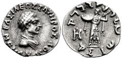 Greek Coins Kings of Bactria. Menander I Soter. Drachm. 165/155-130 BC. (Sng Ans-822/41). Anv.: BAΣIΛEΩΣ ΣΩTHPOΣ MENANΔPOY, diademed and draped bust right. Rev.: Athena Alkidemos advancing left, shiel