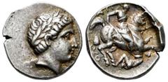 Greek Coins Kings of Paeonia. Patraos. Tetradrachm. 335-315 BC. Astibos or Damastion. (Paeonian Hoard-221-6). (Peykov-E2200). (Hgc-3, 148). Anv.: Laureate head of Apollo right. Rev.: Warrior on horse 