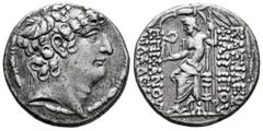 Greek Coins Seleukid Kingdom. Philip I Philadelphos. Tetradrachm. 88 BC. Antioch. (SC-2463). Anv.: Diademed head to right. Rev.: ΒΑΣΙΛΕΩΣ ΦΙΛΙΠΠΟV ΕΠΙΦΑΝΟVΣ ΦΙΛΑΔΕΛΦΟV. Zeus Nikephoros seated left on 