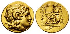 Greek Coins Kingdom of Thrace. Lysimachos. Stater. Anv.: Diademed head of the deified Alexander right, with horn of Ammon. Rev.: Athena seated left wiyh Nike, in exergue trident with dolphins. Au. 8,3