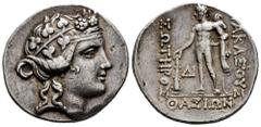 Greek Coins Thrace Islands. Thasos. Tetradrachm. 90-75 BC. (Hgc-6, 359). Anv.: Head of Dionysos to right, wearing ivy wreath. Rev.: Herakles standing to left, holding club and lion's skin; HPAKΛEOYΣ t