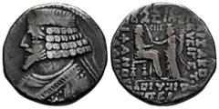 Greek Coins Kingdom of Parthia. Phraates IV. Tetradrachm. 38/7-2 BC. Seleukeia on the Tigris. (Sellwood-51.22). (Shore-271). Anv.: Diademed bust left. Rev.: Phraates seated right, receiving palm from 