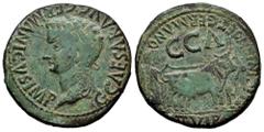 Celtiberian Coins Caesaraugusta. Time of Caligula. Unit. 37-41 AD. Zaragoza. (Abh-390 variant). (Acip-3100). Anv.: G. CAESAR. AVG. GERMANICVS. IMP. Laureate head of Caligula left. Rev.: Pair of oxen r