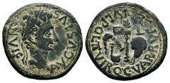 Celtiberian Coins Carthage Nova. Augustus period. Half unit. 27 BC - 14 AD. Cartagena (Murcia). (Abh-594). (Acip-3138). Anv.: AVGVSTVS. DIVI. E. Laureate head of Augustus right. Rev.: Aspergillus, sim