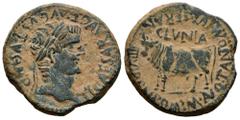 Celtiberian Coins Clunia. Time of Tiberius. Unit. 37-41 AD. Coruña del Conde (Burgos). (Abh-836). (Acip-3172). Anv.: TI. CAESAR. AVG. E AVGVSTVS. IMP. Laureate head of Tiberius right. Rev.: Bull left,