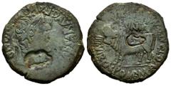Celtiberian Coins Clunia. Time of Tiberius. Unit. 37-41 AD. Coruña del Conde (Burgos). (Abh-836). Anv.: TI. CAESAR. AVG. E AVGVSTVS. IMP. Laureate head of Tiberius right. Rev.: Bull left, CLVNIA above