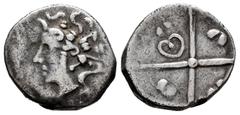 Celtiberian Coins Rodeton. Drachm. S. II a.C. Gerona. Ag. 3,58 g. Imitation Drachma Roses. Good art. Choice VF. Est...250,00. Spanish Description: Rodeton. Dracma. S. II a.C. Gerona. Ag. 3,58 g. Imita