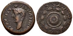 Celtiberian Coins Colonia Romula. Time of Tiberius. Half unit. 14-36 AD. Sevilla. (Abh-2017). Anv.: GERMANICVS. CAESAR. TI. AVG. F. around bare head of Germanicus left. Rev.: Round shield within laure