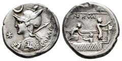 Roman Republican Licinius. P. Licinius Nerva. Denarius. 113-112 BC. Uncertain mint. (Ffc-802). (Craw-292/1). (Cal-888). Anv.: Diademed head of Roma left, holding spear and shield, X before, crescent a