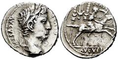 Roman Imperatorial Augustus. Denarius. 8 BC. Lugdunum. (Ffc-21). (Ric-199). (Cal-849). Anv.: AVGVSTVS DIVI. F laureate head of Augustus right. Rev.: C. CAES, above Caius Caesar galloping right, eagle 